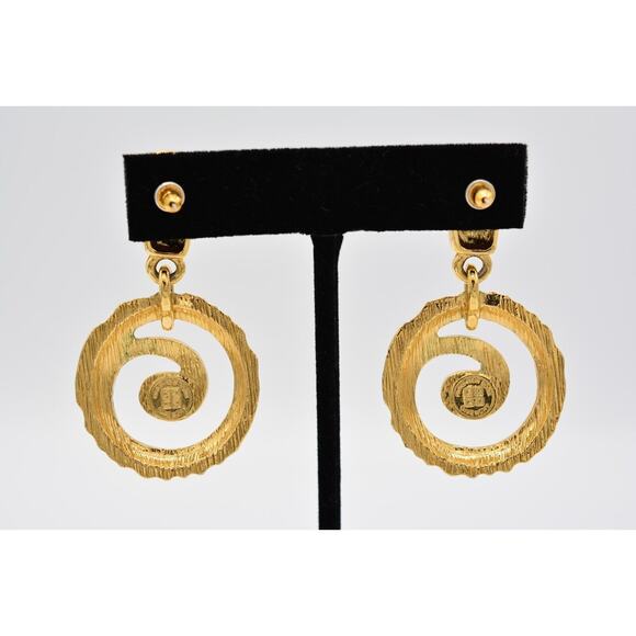 Givenchy Vintage Dangle Earrings Brushed Gold Dangle Shiny Signed 1980s BinAK - Picture 11 of 12